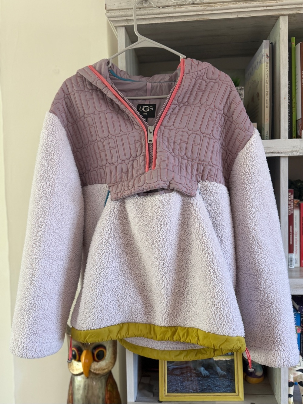 UGG WOMEN IGGY SHERPA HALF ZIP PULL OVER HOODIE PINK SALT JACKET SWEATER Size M
